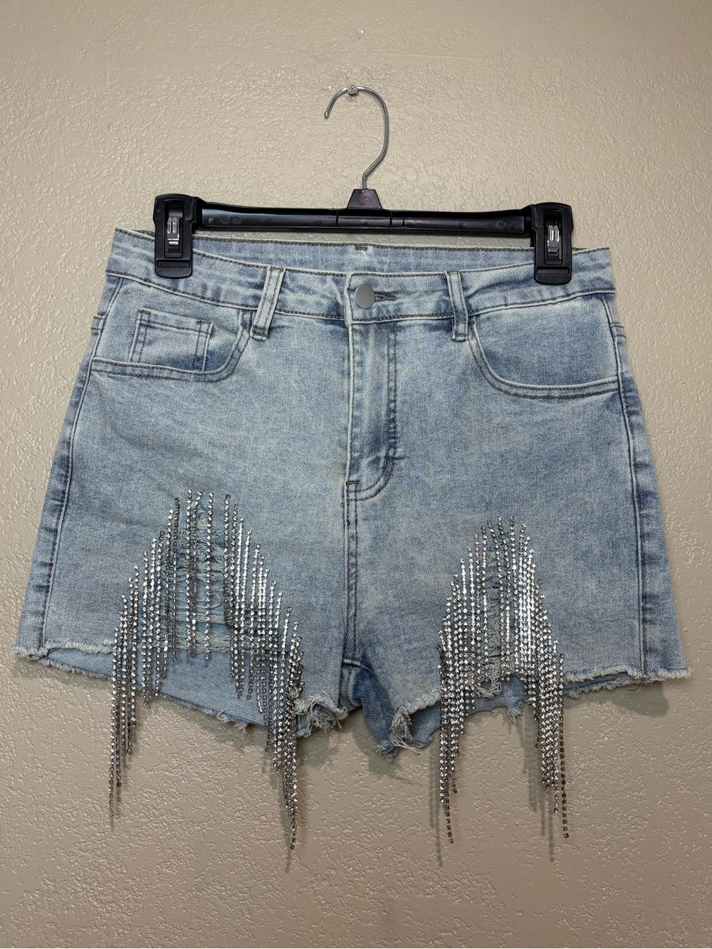SHEIN Light Blue Rhinestone Fringe Denim Shorts